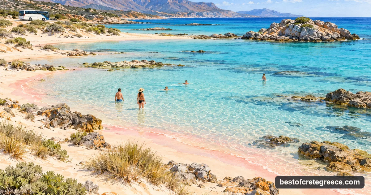 Illustration of Elafonisi's shallow turquoise lagoon and pink-tinged sand with a few swimmers and a coach parked far behind