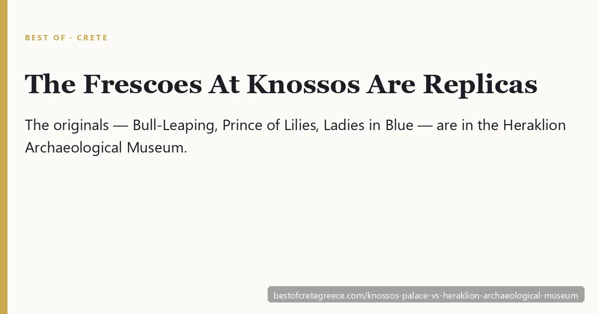 Split view of the reconstructed Knossos throne room and a Minoan fresco in the Heraklion museum