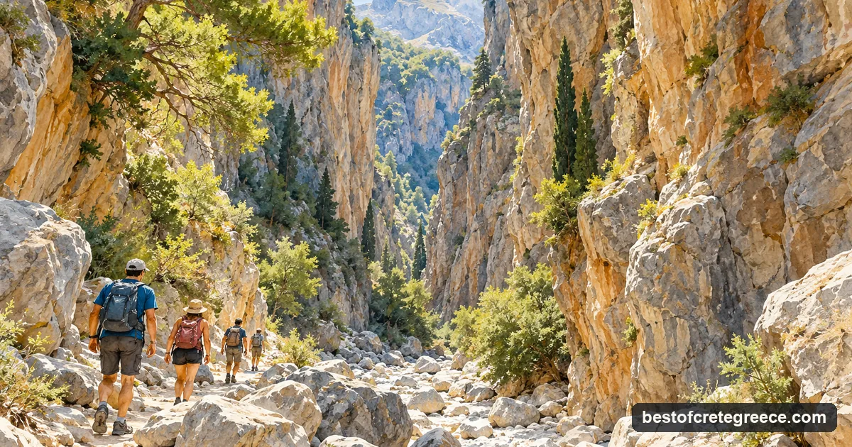 Illustration of hikers on a stony path through a towering narrow gorge with sheer rock walls and pine trees