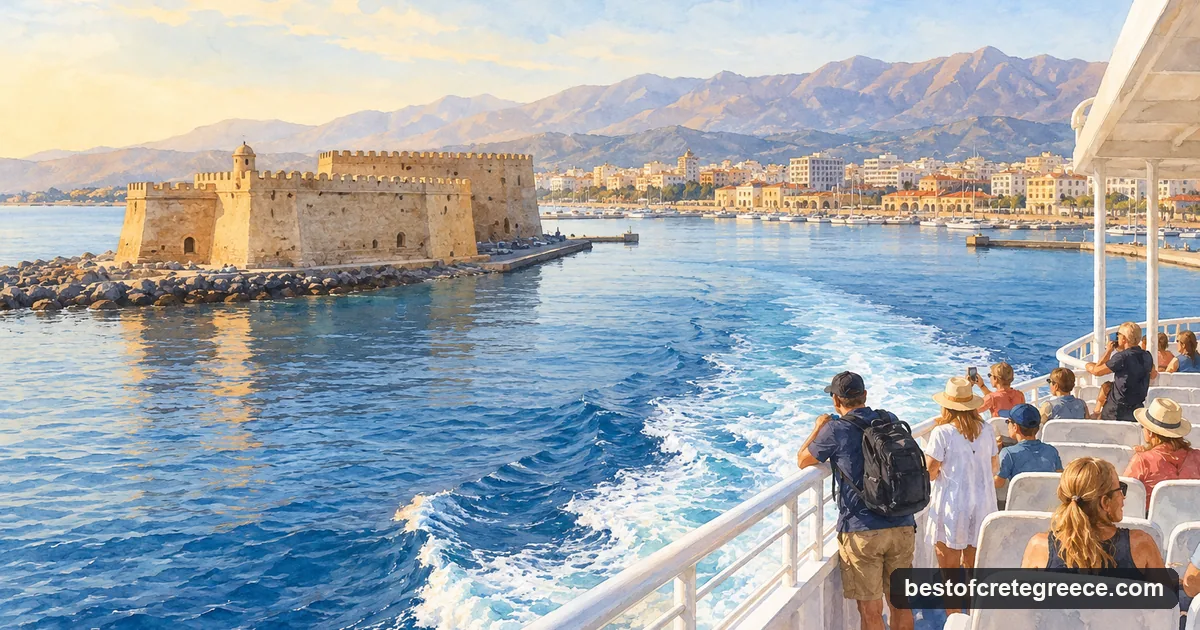 Illustration of a high-speed ferry leaving Heraklion harbour at dawn past a Venetian fortress, travellers on deck