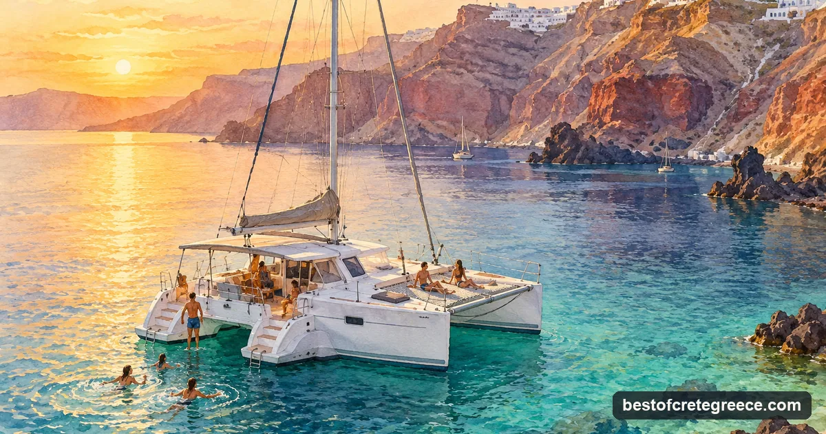 Illustration of a catamaran anchored below volcanic cliffs and a whitewashed village at sunset, passengers swimming off the stern